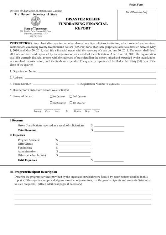 Fillable Form Ss-6080 - Disaster Relief Fundraising Financial Report Form - Division Of Charitable Solicitations And Gaming Printable pdf