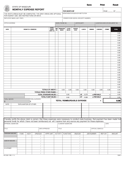 Form Mo 300-1189 - Monthly Expense Report - 2011