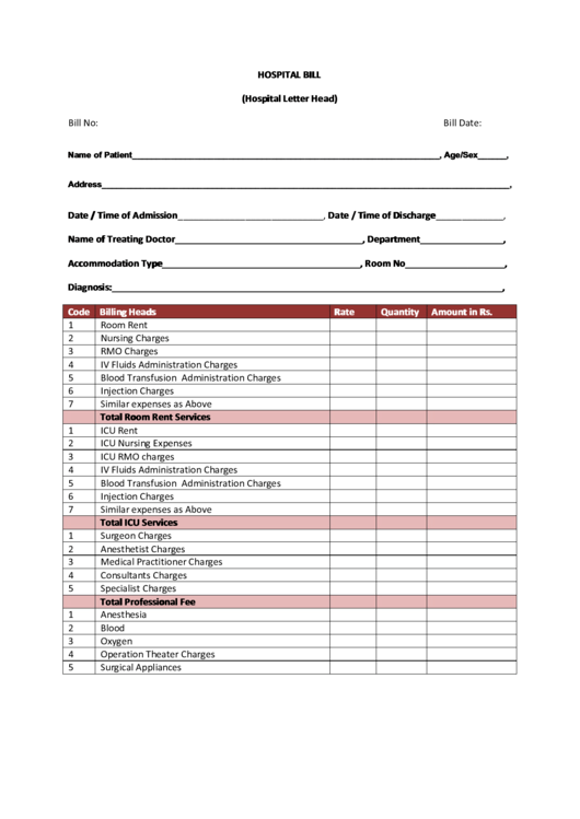Hospital Bill Template Printable pdf