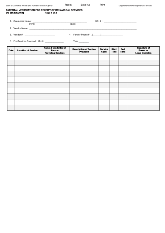 Fillable Parental Verification For Receipt Of Behavioral Services Printable pdf