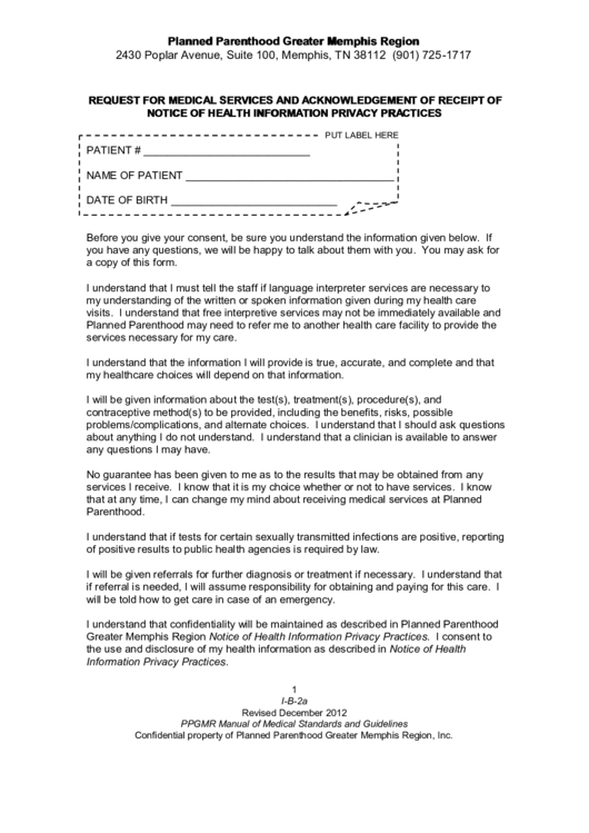 Request Form For Medical Services And Acknowledgement Of Receipt Of Notice Of Health Information Privacy Practices