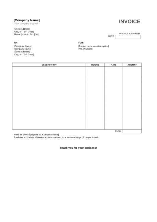 Fillable Service Invoice Template With Hours And Rate Printable pdf