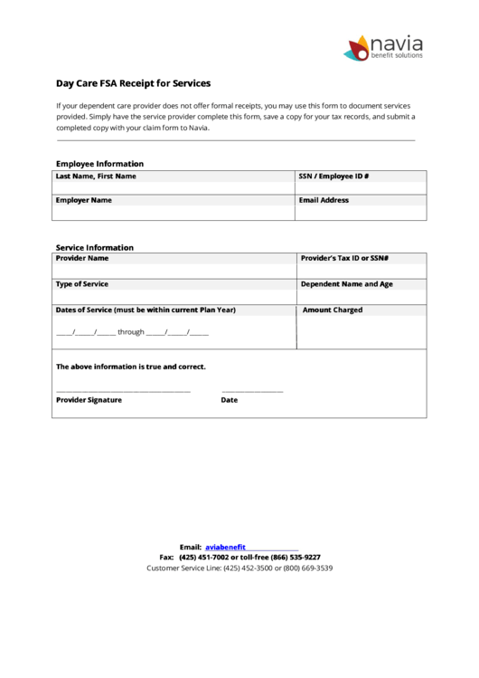 Fillable Navia Day Care Fsa Receipt Form For Services Printable pdf