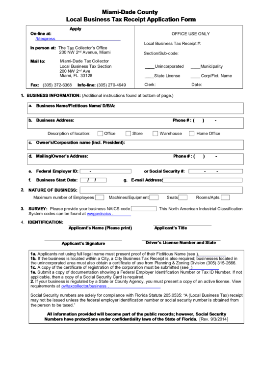 Local Business Tax Receipt Application Form Printable pdf