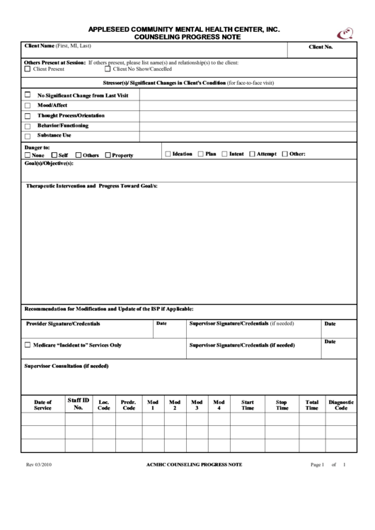 Appleseed Community Mental Health Center, Inc. Counseling Progress Note Printable pdf