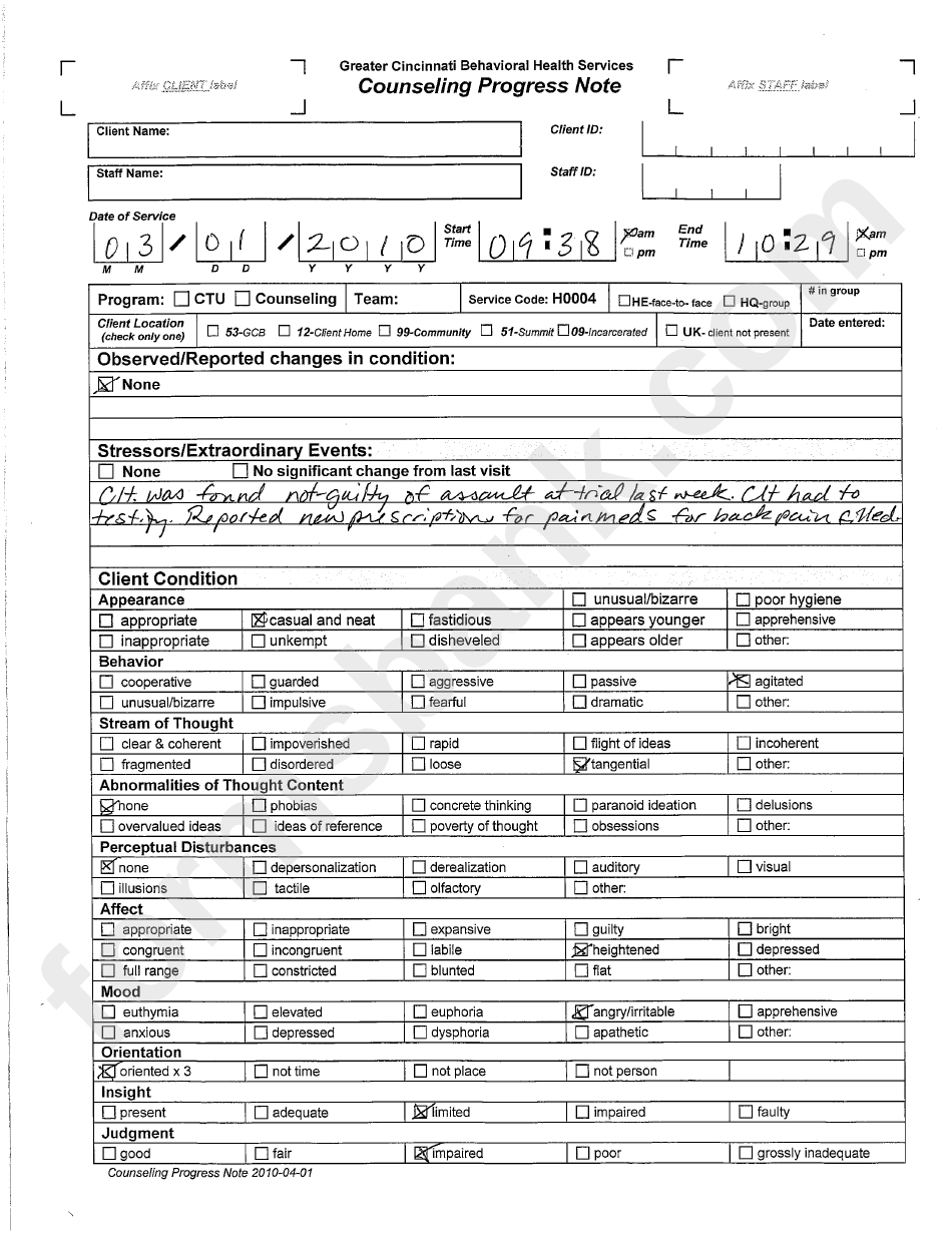 Appleseed Community Mental Health Center, Inc. Counseling Progress Note