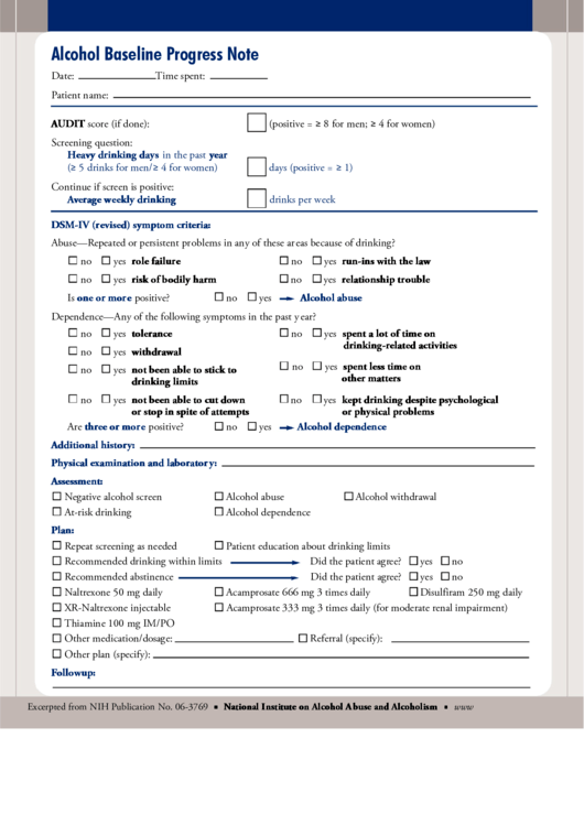 Alcohol Baseline Progress Note Printable pdf