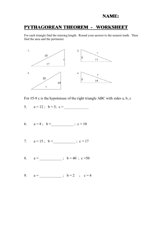 Pythagorean Theorem - Worksheet Printable pdf