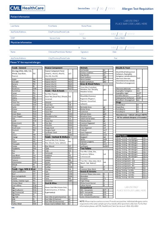 Cml Allergen Test Requisition Printable pdf