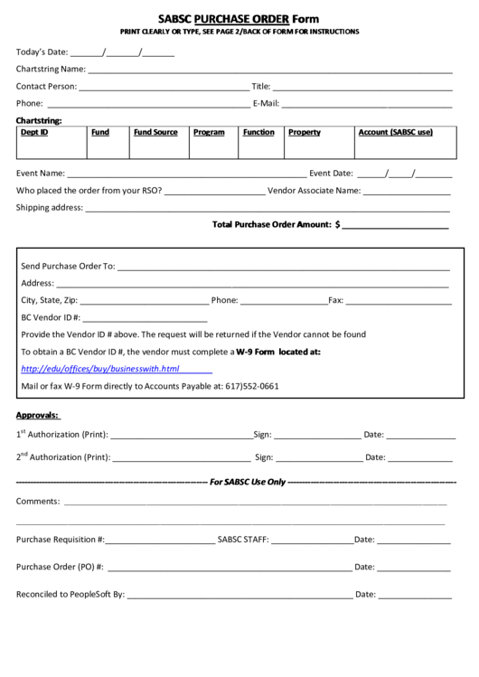 Fillable Sabsc Purchase Order Form Printable pdf