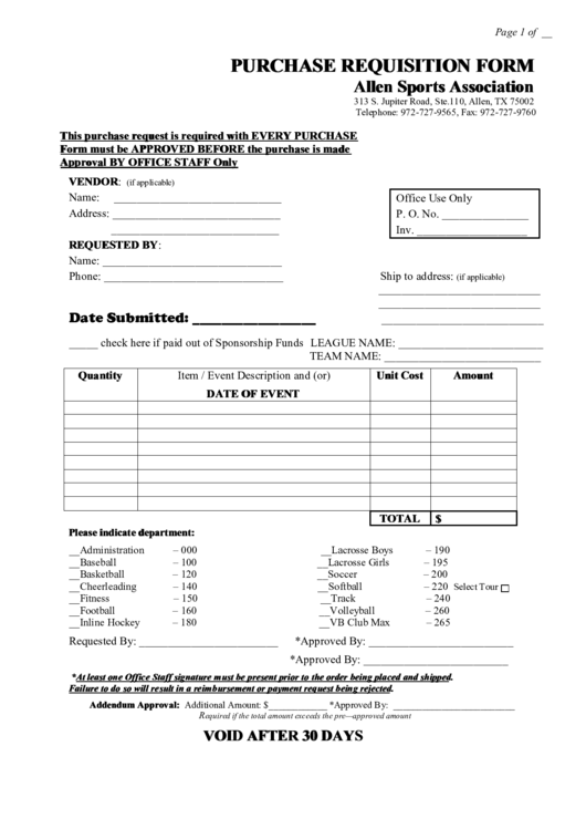 Allen Sports Association Purchase Requisition Form Printable pdf