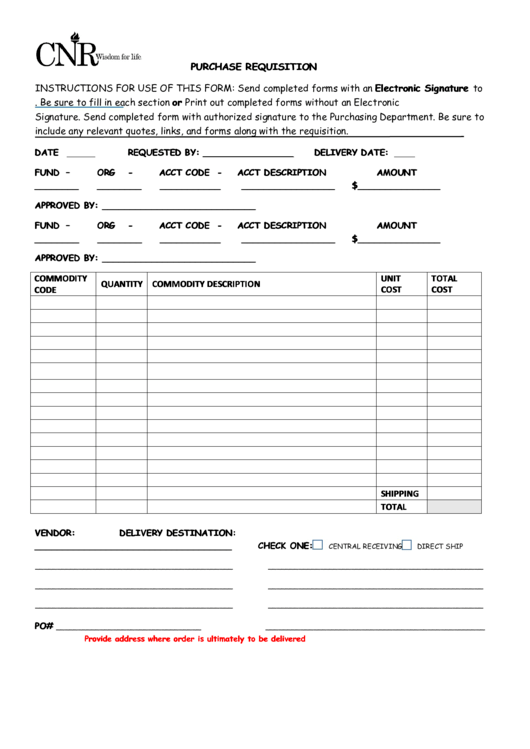 Fillable Cnr Purchase Requisition Printable pdf