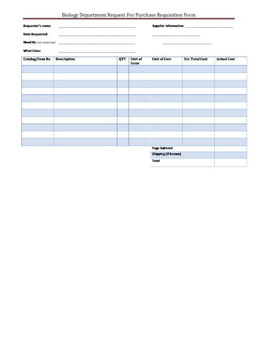 Fillable Biology Department Request For Purchase Requisition Form Printable pdf