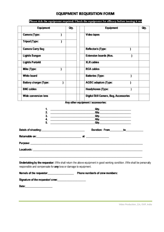 Equipment Requisition Form Printable pdf