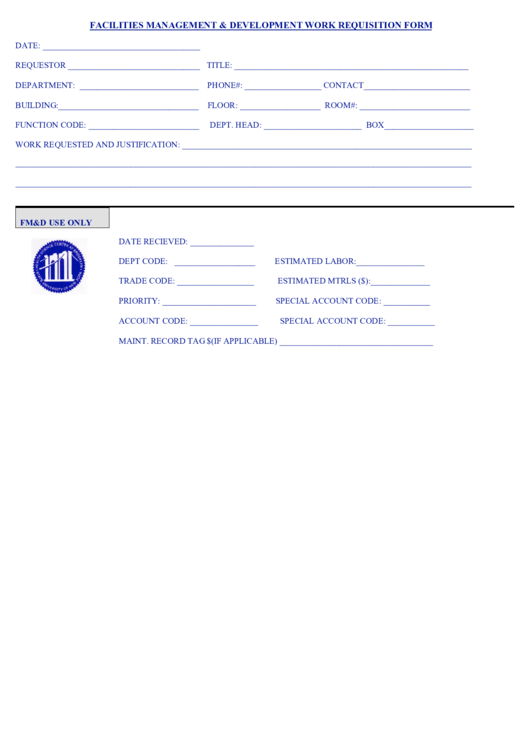 Facilities Management Development Work Requisition Form Printable pdf