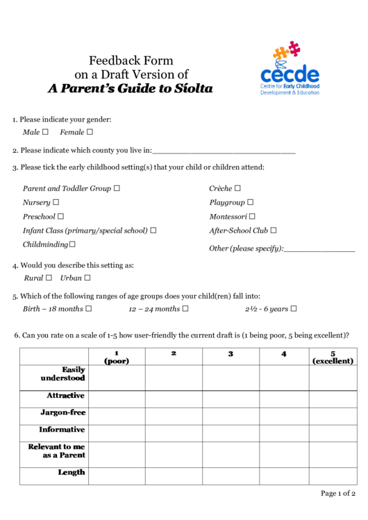 Feedback Form On A Draft Version Printable pdf