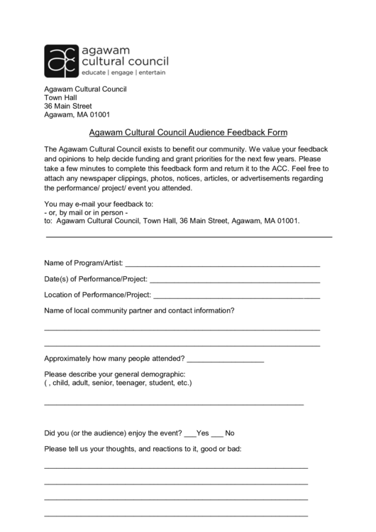 Agawam Cultural Council Audience Feedback Form Printable pdf