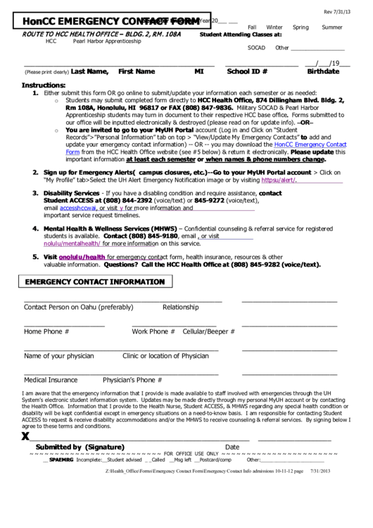 Fillable Honcc Emergency Contact Form Printable pdf