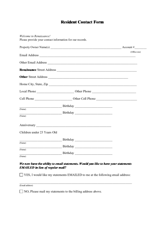 Resident Contact Form Printable pdf