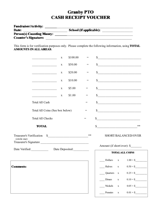Granby Pto Cash Receipt Voucher Printable pdf