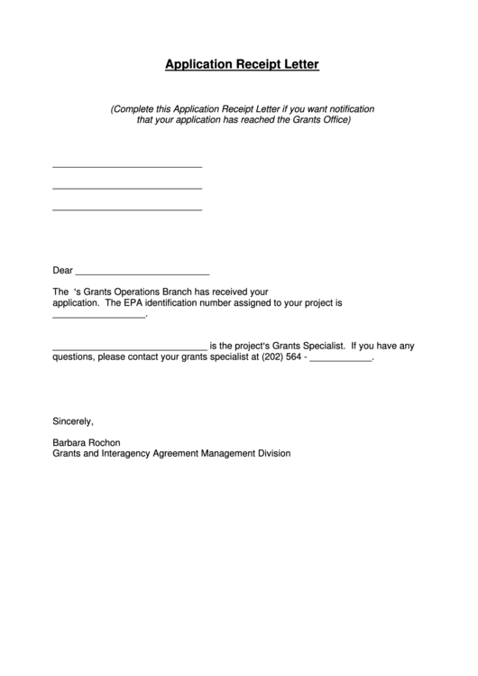 Fillable Sample Application Receipt Letter Template Printable pdf