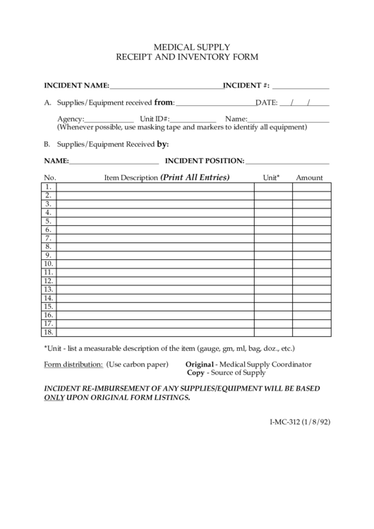 Fillable I-Mc-312 - Medical Supply Receipt And Inventory Form Printable pdf