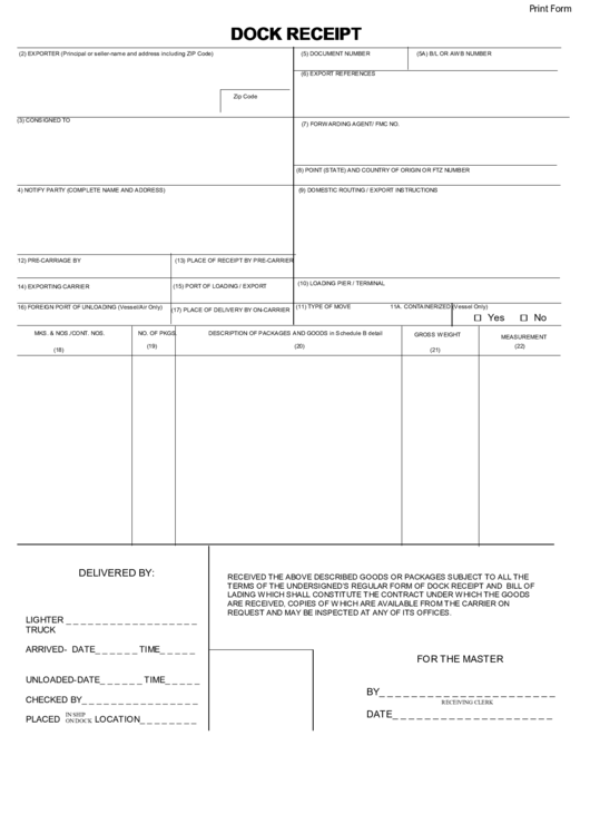 Dock Receipt Template - Fillable