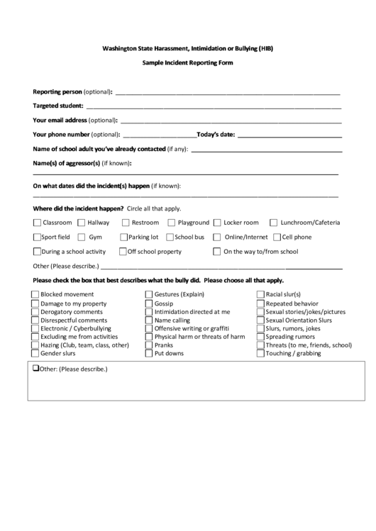 Sample Incident Reporting Form Printable pdf