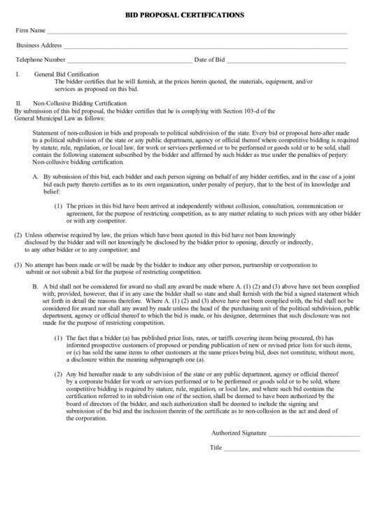 Bid Proposal Certifications Printable pdf