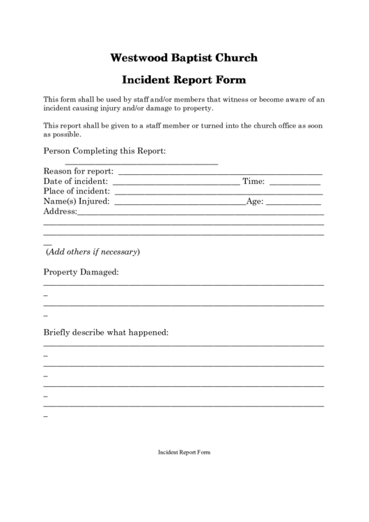 Westwood Baptist Church, Incident Report Form Printable pdf