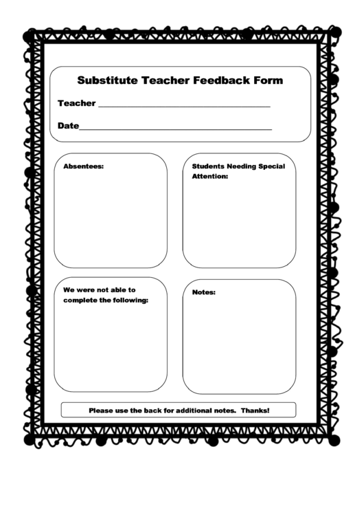 Substitute Teacher Feedback Form Printable pdf