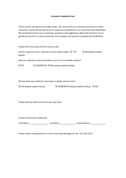 Customer Feedback Form Printable pdf