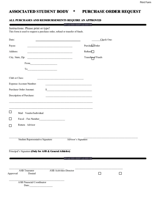 Fillable Associated Student Body Purchase Order Request Printable pdf