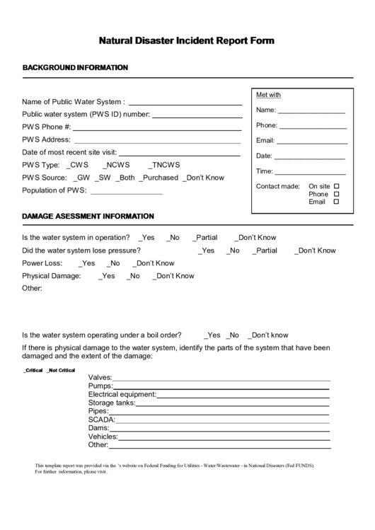 Fillable Natural Disaster Incident Report Form Printable pdf