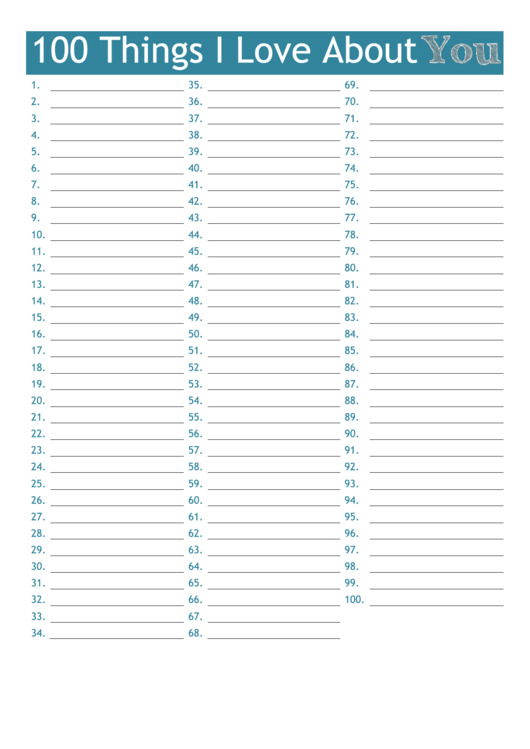 To Do List Template: 100 Things To Love About You - Blue Printable pdf