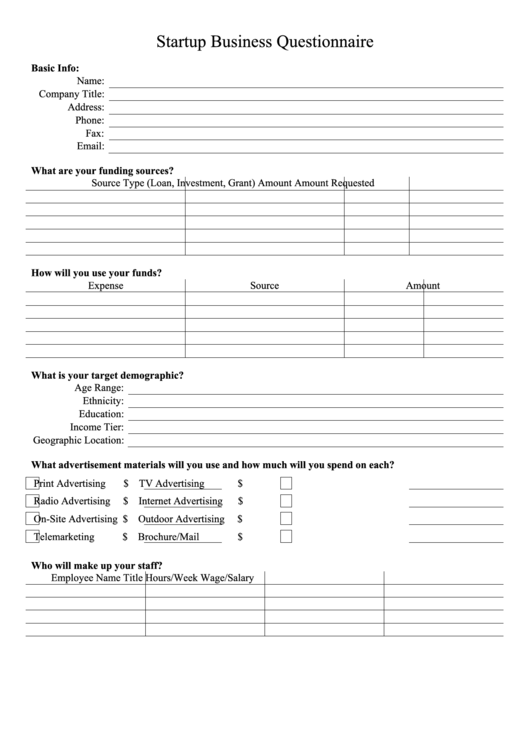 Startup Business Questionnaire Printable pdf