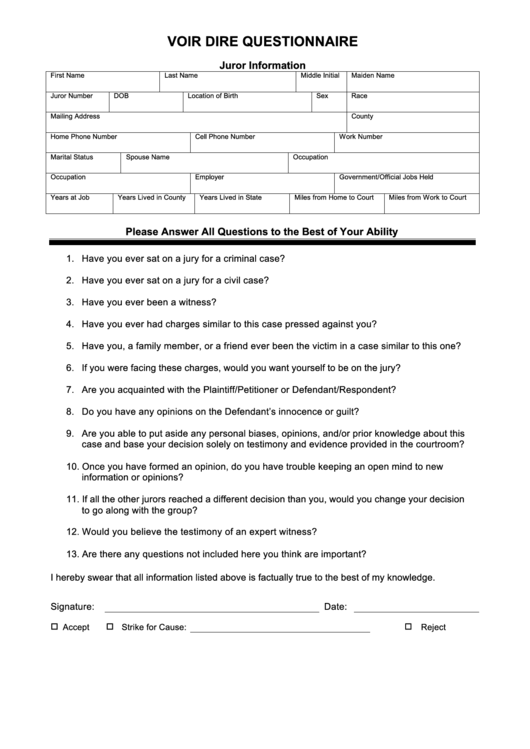 Voir Dire Questionnaire Template Printable pdf