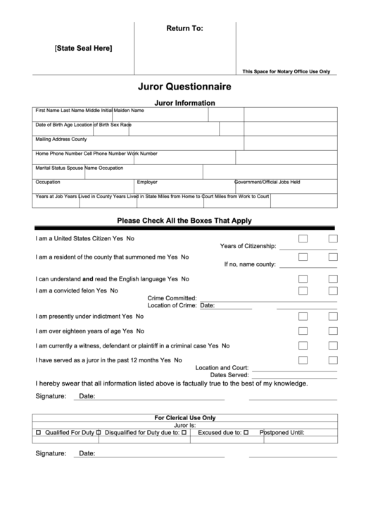Juror Questionnaire Template Printable pdf