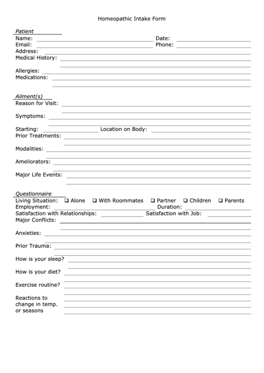 Homeopathic Intake Form Printable pdf