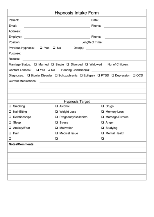 Hypnosis Intake Form Printable pdf