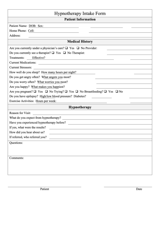 Hypnotherapy Intake Form Printable pdf