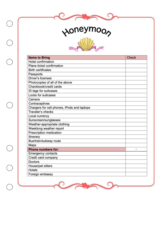 Wedding Planner Honeymoon Checklist Printable pdf