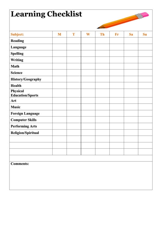 Learning Checklist Printable pdf