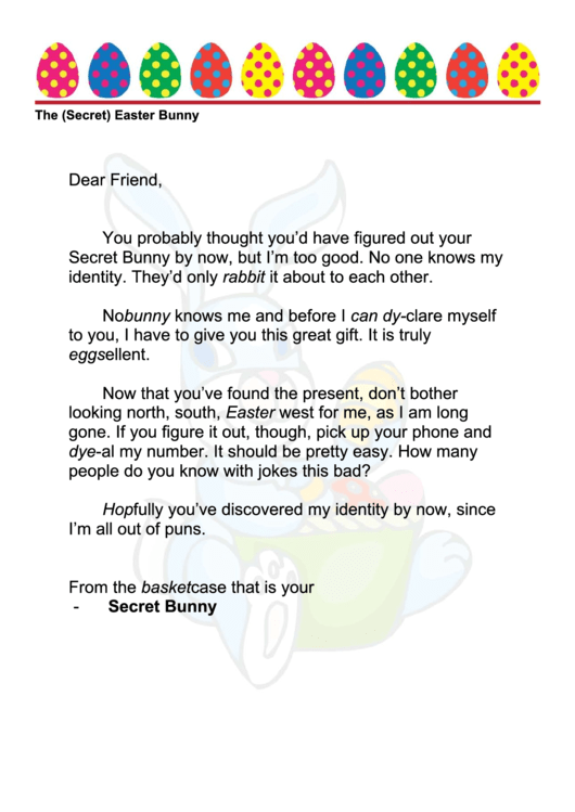 Secret Easter Bunny Letter Template - Puns Printable pdf