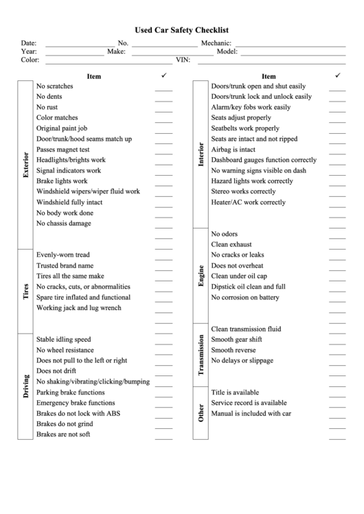 Used Car Mechanic Checklist Printable pdf