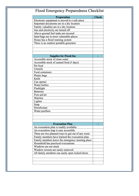 Flood Emergency Checklist Printable pdf