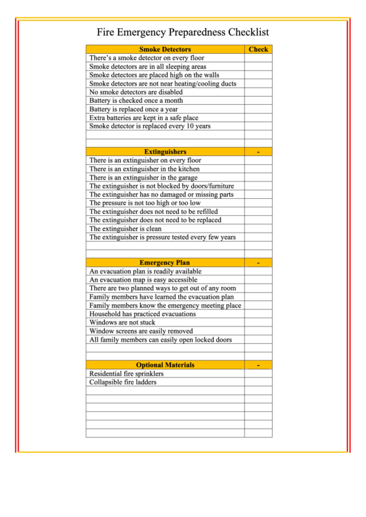 Fire Emergency Checklist Printable pdf