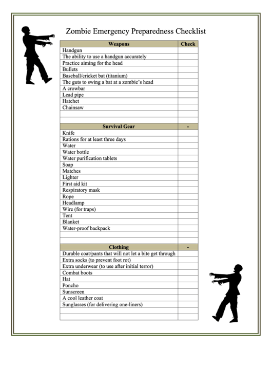 Zombie Survival Checklist Printable pdf
