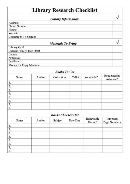 Library Research Checklist Printable pdf