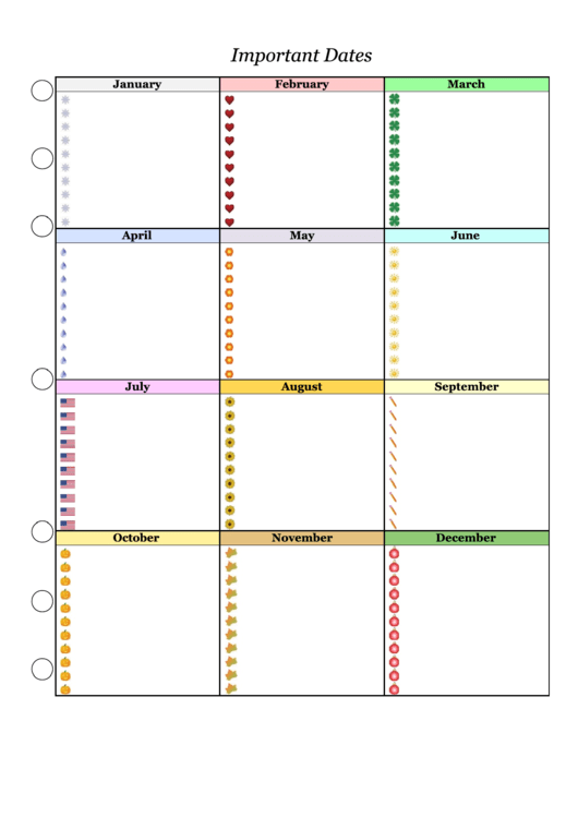Fillable Important Dates Planner Template - Colorful Printable pdf